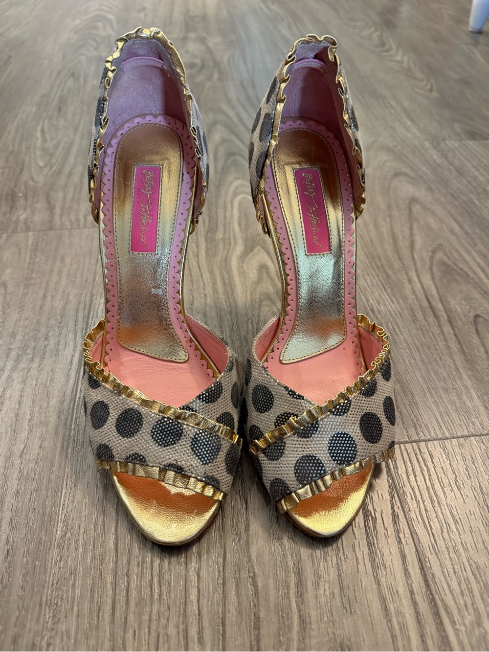 Vintage Y2K Betsey Johnson Real Leather Polka Dot Open-Toe Heels with Gold Trim!